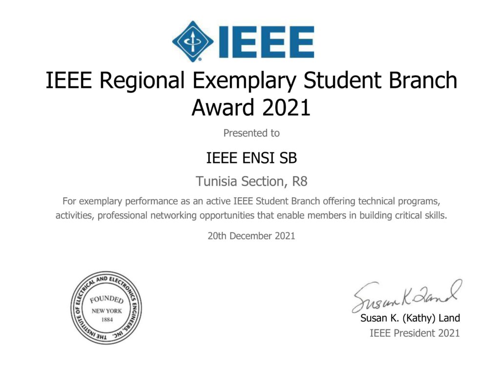 IEEE Regional Exemplary Student Branch Award Presented to IEEE ENSI SB